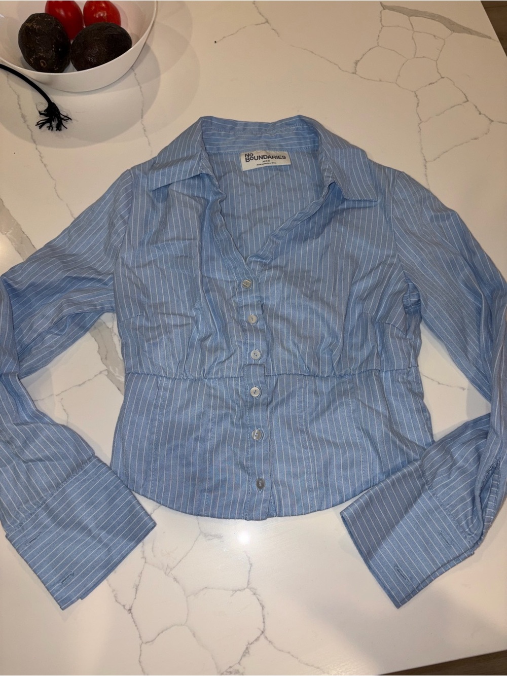 No Boundaries Light Blue Striped Button-Down Women's Top
